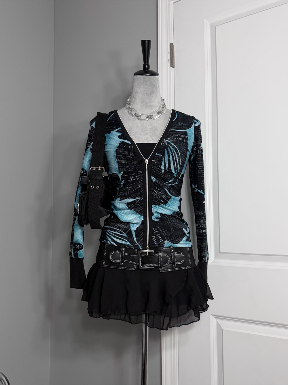 Jaipur Y2K Cyber Punk Blue & Black Graphic Double Zip Jacket